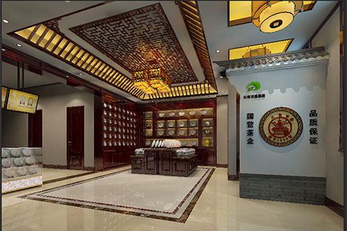 石柱古朴典雅的中式茶叶店大堂设计效果图
