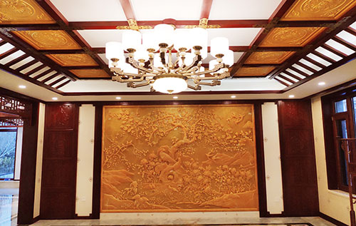 石柱中式别墅客厅中式木作横梁吊顶装饰展示