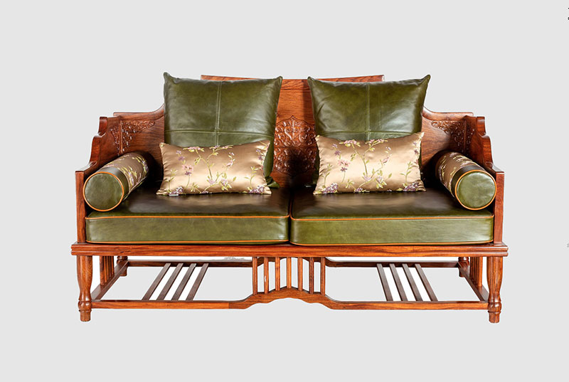 中式实木双人皮质沙发